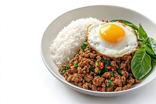 Hearty Pad Krapow: Stir-Fried Minced Pork with Thai Basil, Chilis, and Garlic, Served with Steamed Rice and a Fried Egg isolated on white background 