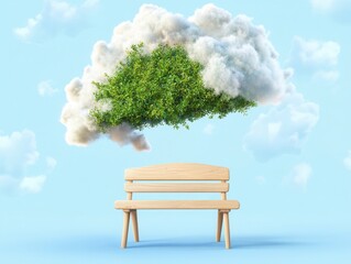 Surreal wooden bench under a floating cloud shaped like a tree against a bright blue background with fluffy clouds.