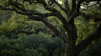 A majestic, old oak tree with sprawling branches and lush green foliage stands prominently in a dense forest, capturing the essence of nature's beauty and tranquility.