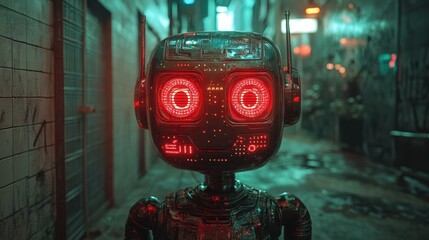 A retro-style robot with glowing red eyes stands in a dimly lit, wet alley, surrounded by neon...