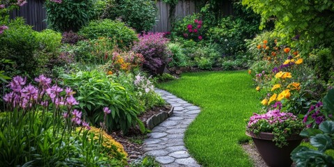 Stone path through lush green garden with colorful flowers.