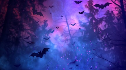 bats flying in a neon forest