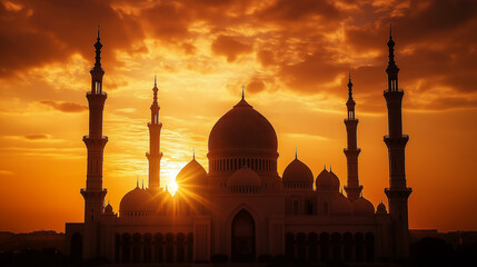 Silhouette of a majestic mosque in evening, golden hour sunlight falling from behind.