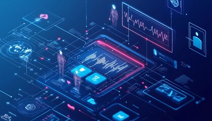 Fototapeta premium Integrated Digital Health Ecosystem, interconnected health information systems, telemedicine platforms, wearable devices, Health IT Systems, Health Data Management, 