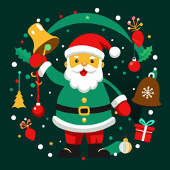Santa Claus Ringing Bell with Christmas Decorations, Festive Holiday Illustration