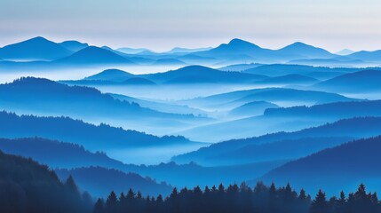 A calm, misty mountain landscape at dawn, with layers of rolling hills and distant peaks fading into the horizon. The muted colors of the scene, ranging from deep blues to soft purples, create a