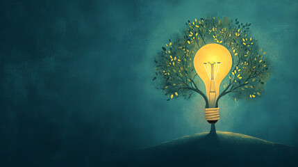 Illustration d'une ampoule avec un arbre aux feuilles vertes &agrave; l'int&eacute;rieur, sur une colline &eacute;clair&eacute;e, avec un ciel bleu fonc&eacute; en arri&egrave;re-plan.