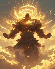 powerful light elemental with a glowing halo radiates intense energy, surrounded by swirling golden flames