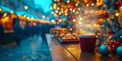 Coffee cup on counter with blurred Christmas market background. Winter holiday concept. Image for greeting card and social media banner  with copy space.