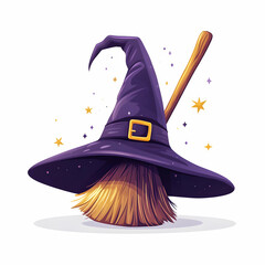 Flat Witch Hat and Broom with Enchantment Text concept as A sleek isolated vector featuring a witch hat and broom crossed with the word Enchantment elegantly placed underneath. The elements are isolat