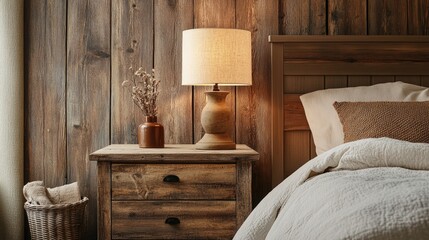 A charming farmhouse-style lamp on a wooden bedside cabinet, set against a backdrop of rustic bedding and decor. Plenty of copy space for text or promotional content.