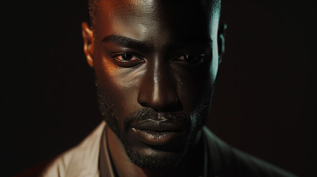Portrait of an African man with intense expression, half-lit against a dark background, highlighting contours and facial features.