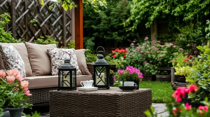 Obraz premium A lush garden patio with comfortable outdoor seating, surrounded by vibrant flowers and greenery. The patio is decorated with a few lanterns and a small table set with a teapot and cups. The