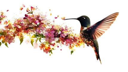 Obraz premium Ethereal Elegance: Hummingbird Silhouette in Double Exposure with Blooming Flowers under Bright Lighting