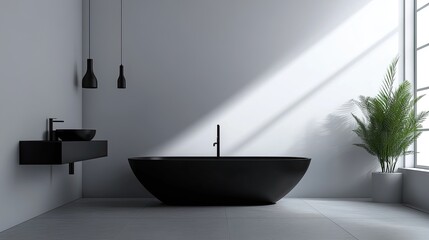 A minimalist bathroom design with sleek, black fixtures, a floating sink, and clean lines, offering a modern and sophisticated look. Ample copy space for text or branding.