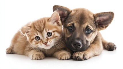 Obraz premium Closeup of a Puppy and Kitten Lying Together on a White Background