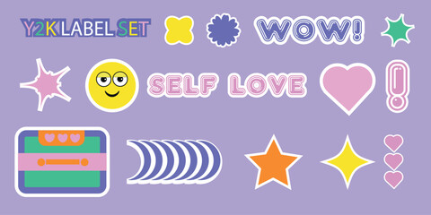 Set of y2k retro stickers. Abstract elements for web, print and any platforms. Retro shapes, smile, heart, cassette y2k colored collection. vector illustration