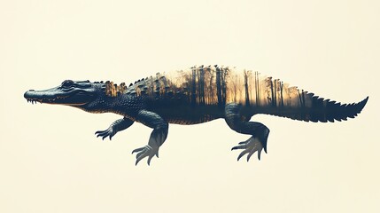 Naklejka premium Sinister Silhouette of a Crocodile in Murky Swamp Double Exposure - Hyper-realistic Predatory Atmosphere with Eerie Lighting