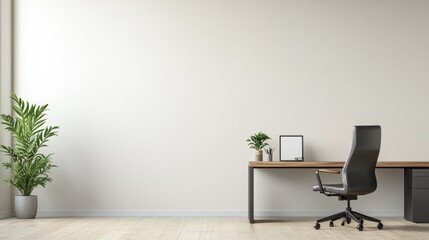 A minimalist workspace with a sleek wooden desk, a comfortable chair, and a few decorative elements like a potted plant and a framed picture. The background features a large, plain wall painted in a