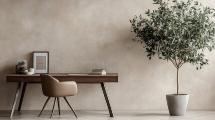 Fototapeta premium A minimalist workspace with a sleek wooden desk, a comfortable chair, and a few decorative elements like a potted plant and a framed picture. The background features a large, plain wall painted in a