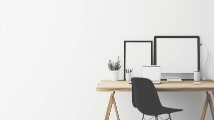 A minimalist workspace with a sleek wooden desk, a comfortable chair, and a few decorative elements like a potted plant and a framed picture. The background features a large, plain wall painted in a