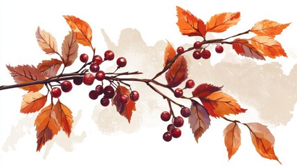 Autumn branch with red berries and orange leaves on a white background.