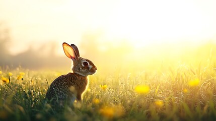 Tranquil Rabbit Silhouette in Meadow at Dawn with Double Exposure Photorealism