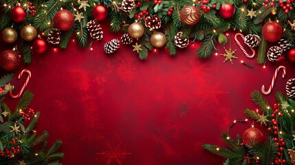 Festive Christmas Background with Red and Gold Ornaments, Pine Branches, and Candy Cane on Red Backdrop with Space for Text, Featuring Sparkling Lights and Holiday Decorations