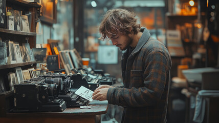 A nostalgic scene of a young photographer using a vintage film camera, embracing the beauty of lo-fi photography with grainy, imperfect shots, set in a cozy, creative space with a makeshift darkroom.