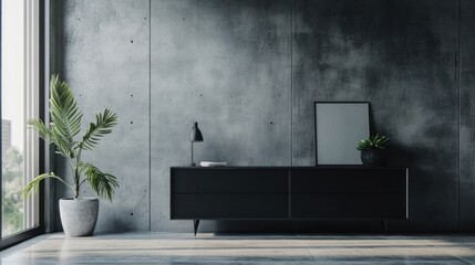 A modern bedroom featuring a black dresser with minimalist decor, set against concrete tiled paneling. Ample copy space for text or promotional content.
