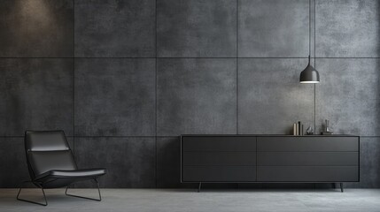 A modern bedroom featuring a black dresser with minimalist decor, set against concrete tiled paneling. Ample copy space for text or promotional content.