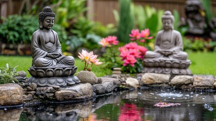 A peaceful garden with a small pond, blooming flowers, and a few decorative statues. The scene is bathed in soft, natural light, creating a tranquil and serene atmosphere. A large portion of the sky