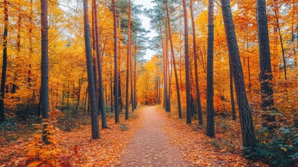 Obraz premium A picturesque autumn forest with trees in vibrant shades of orange, red, and yellow. The ground is covered with fallen leaves, creating a warm and inviting atmosphere. A narrow dirt path winds