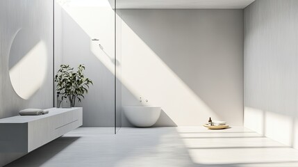 Fototapeta premium A modern, minimalist bathroom with light gray walls, a walk-in shower, and minimal decor, emphasizing clean lines and simplicity. Ample space for copy or branding.