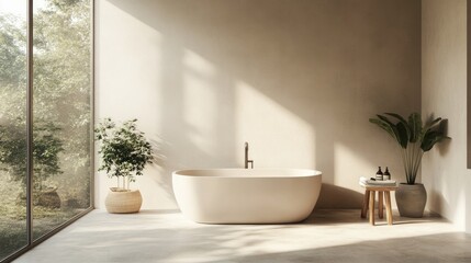 A serene, minimalist bathroom with a freestanding tub, large windows, and soft lighting, exuding a calm and modern aesthetic. Plenty of space for text.