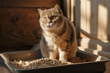 Cat perched in litter box enjoying afternoon sunlight in cozy indoor setting