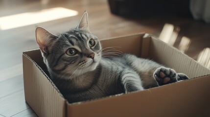Tabby Cat Relaxing Inside a Cardboard Box