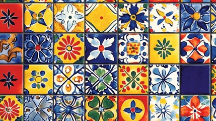 A rustic Mexican Talavera tile design featuring bold, colorful patterns in blue, yellow, and red. The tiles are arranged in a repeating pattern, with each tile featuring a different geometric or