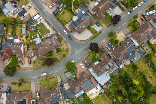 Aerial drone shot over the town of Bishops Stortford in England