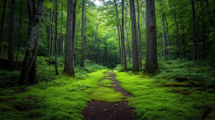 Fototapeta premium A serene forest path with tall trees on either side, their branches forming a natural canopy overhead. The ground is covered with soft moss and fallen leaves, creating a peaceful and inviting