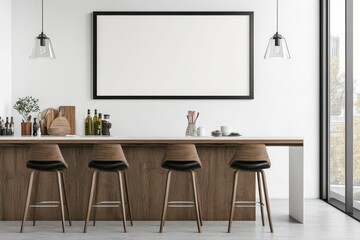 Modern kitchen with a wooden bar and minimalist decor.