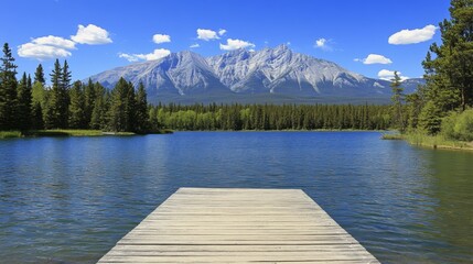Fototapeta premium A serene mountain lake surrounded by tall pine trees and snow-capped peaks in the distance. The calm water reflects the clear blue sky and the surrounding landscape, creating a peaceful and