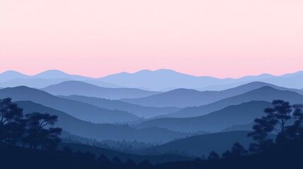 Fototapeta premium A serene mountain landscape at dusk, with layers of rolling hills and distant peaks fading into the horizon. The muted colors of the scene, ranging from deep blues to soft purples, create a tranquil
