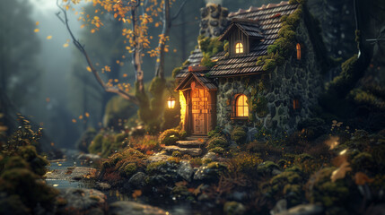 Cozy stone cottage with glowing windows and a wooden door surrounded by dense forest. A small creek flows nearby, adding to the serene and magical atmosphere.
