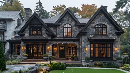 Fototapeta premium Modern stone home with black accents and a large front porch.