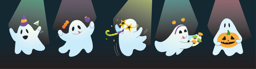 flat vector illustration of cheerful ghosts with bright party things on dark background with colored lights
