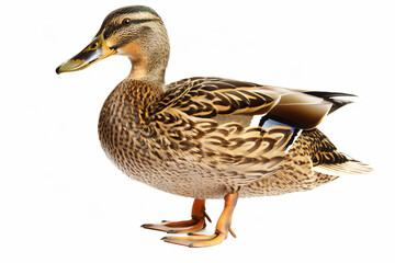 a duck standing on a white surface with its head turned