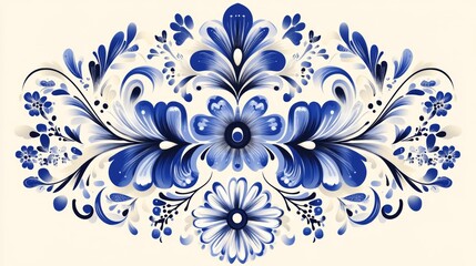 A traditional Russian Gzhel pottery design featuring intricate patterns of flowers and leaves in blue and white. The design is detailed and symmetrical, with the patterns flowing naturally across the