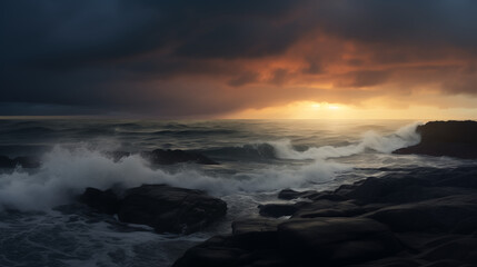 Fototapeta premium Sunset Over Stormy Ocean Waves Crashing Against Rocky Cliffs