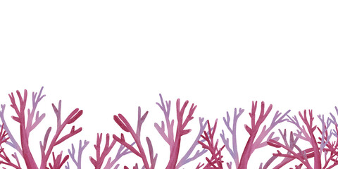 Watercolor illustration of a border made of pink and purple coral branches on a white background. Underwater ocean plants. Ideal for marine-themed designs, invitations, and decorative projects.